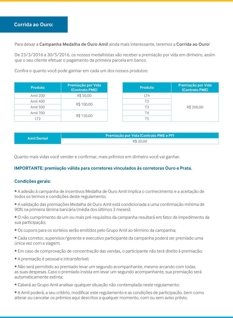 Confira o quanto você pode ganhar em cada um dos nossos produtos: Produto Premiação por Vida (Contrato PME) Amil 200 R$ 50,00 Amil 400 Amil 500 Amil 700 LT3 R$ 100,00 R$ 150,00 Produto LT4 T2 T3 T4