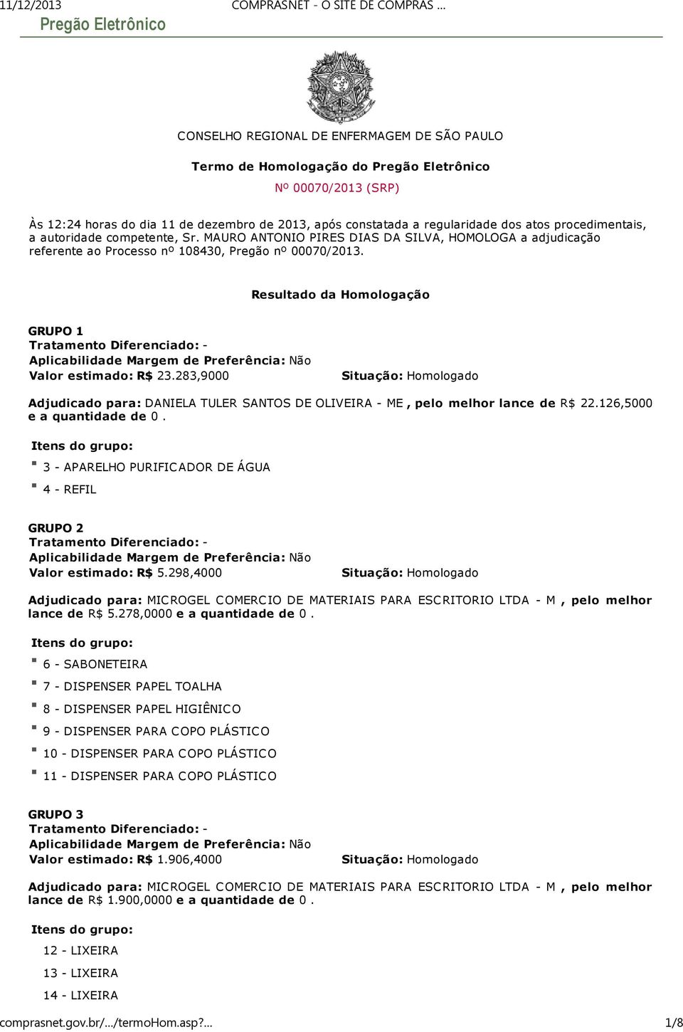 Resultado da Homologação GRUPO 1 Valor estimado: R$ 23.283,9000 Adjudicado para: DANIELA TULER SANTOS DE OLIVEIRA ME, pelo melhor lance de R$ 22.126,5000 e a quantidade de 0.