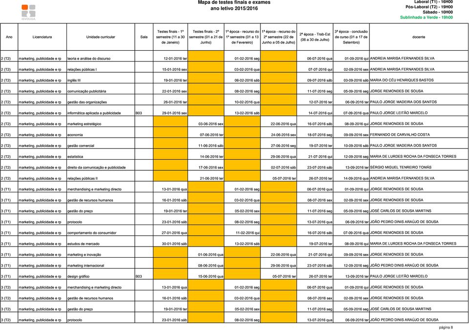 03-09-2016 sáb MARIA DO CÉU HENRIQUES BASTOS 2 (T2) marketing, publicidade e rp comunicação publicitária 22-01-2016 sex 08-02-2016 seg 11-07-2016 seg 05-09-2016 seg JORGE REMONDES DE SOUSA 2 (T2)