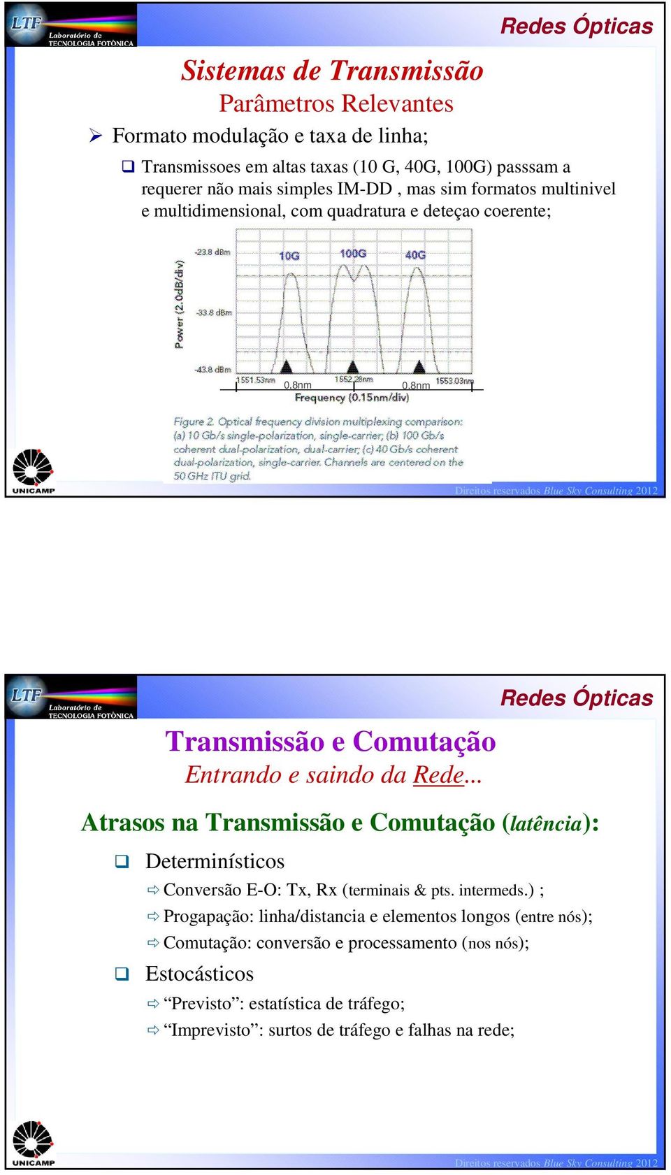 .. Atrasos na Transmissão e Comutação (latência): Determinísticos Conversão E-O: Tx, Rx (terminais & pts. intermeds.