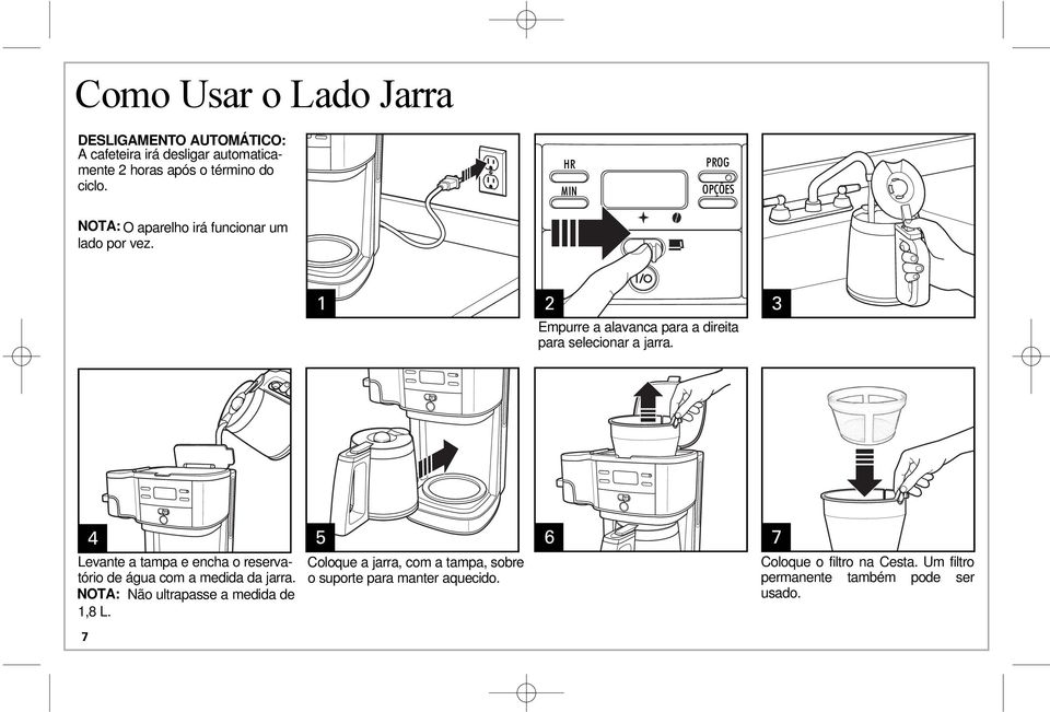 4 5 Levante a tampa e encha o reserva- Coloque a jarra, com a tampa, sobre tório de água com a medida da jarra.