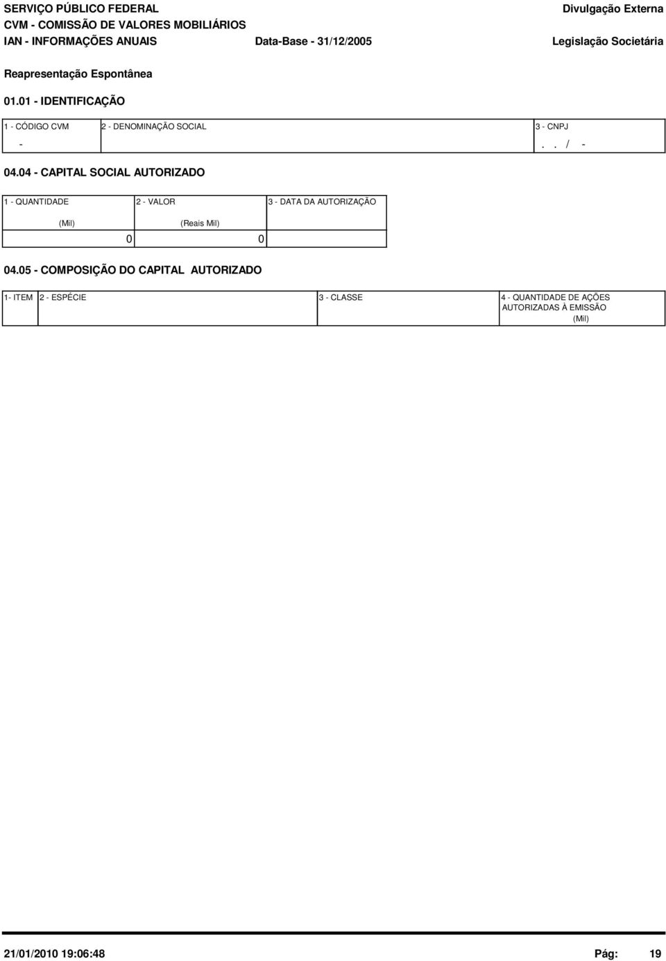 04 - CAPITAL SOCIAL AUTORIZADO 1 - QUANTIDADE 2 - VALOR 3 - DATA DA AUTORIZAÇÃO (Mil) 0