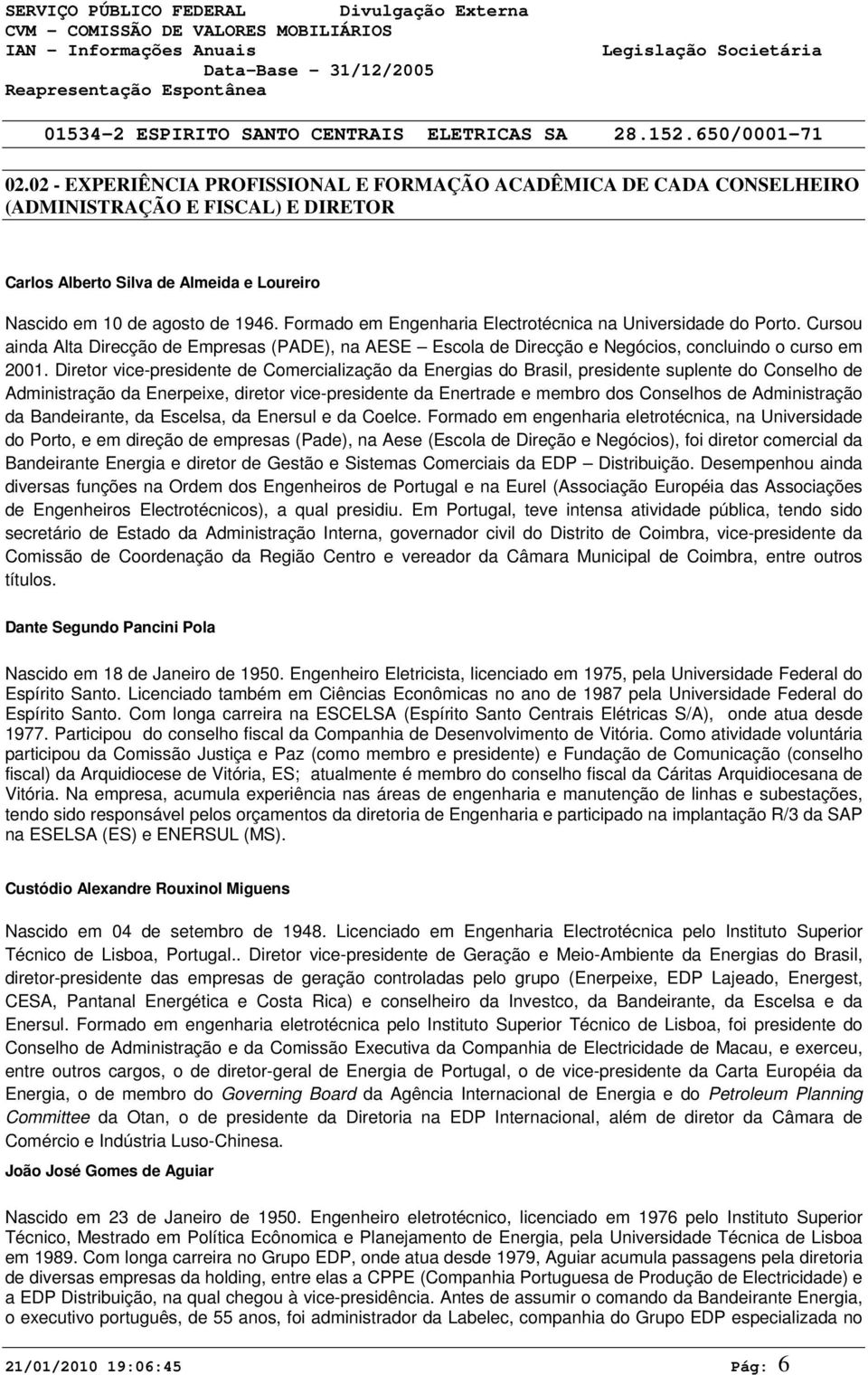 Diretor vice-presidente de Comercialização da Energias do Brasil, presidente suplente do Conselho de Administração da Enerpeixe, diretor vice-presidente da Enertrade e membro dos Conselhos de