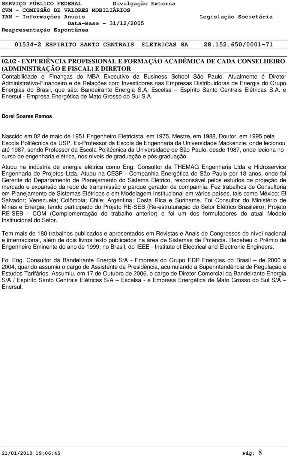 A, Escelsa Espírito Santo Centrais Elétricas S.A. e Enersul - Empresa Energética de Mato Grosso do Sul S.A. Dorel Soares Ramos Nascido em 02 de maio de 1951.