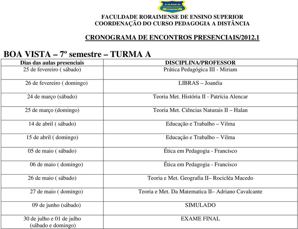 Ciências Naturais II Halan 14 de abril ( sábado) Educação e Trabalho Vilma 15 de abril ( domingo) Educação e Trabalho Vilma 05 de maio ( sábado) Ética em Pedagogia