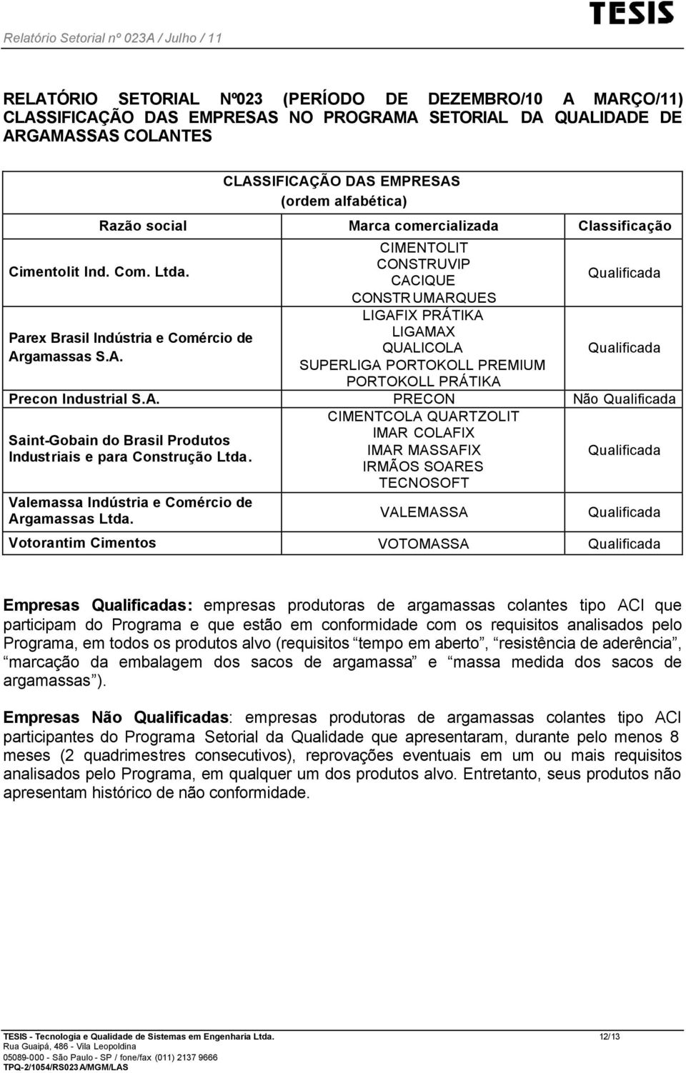 A. PRECON Não Qualificada CIMENTCOLA QUARTZOLIT IMAR COLAFIX Saint-Gobain do Brasil Produtos Industriais e para Construção Ltda.