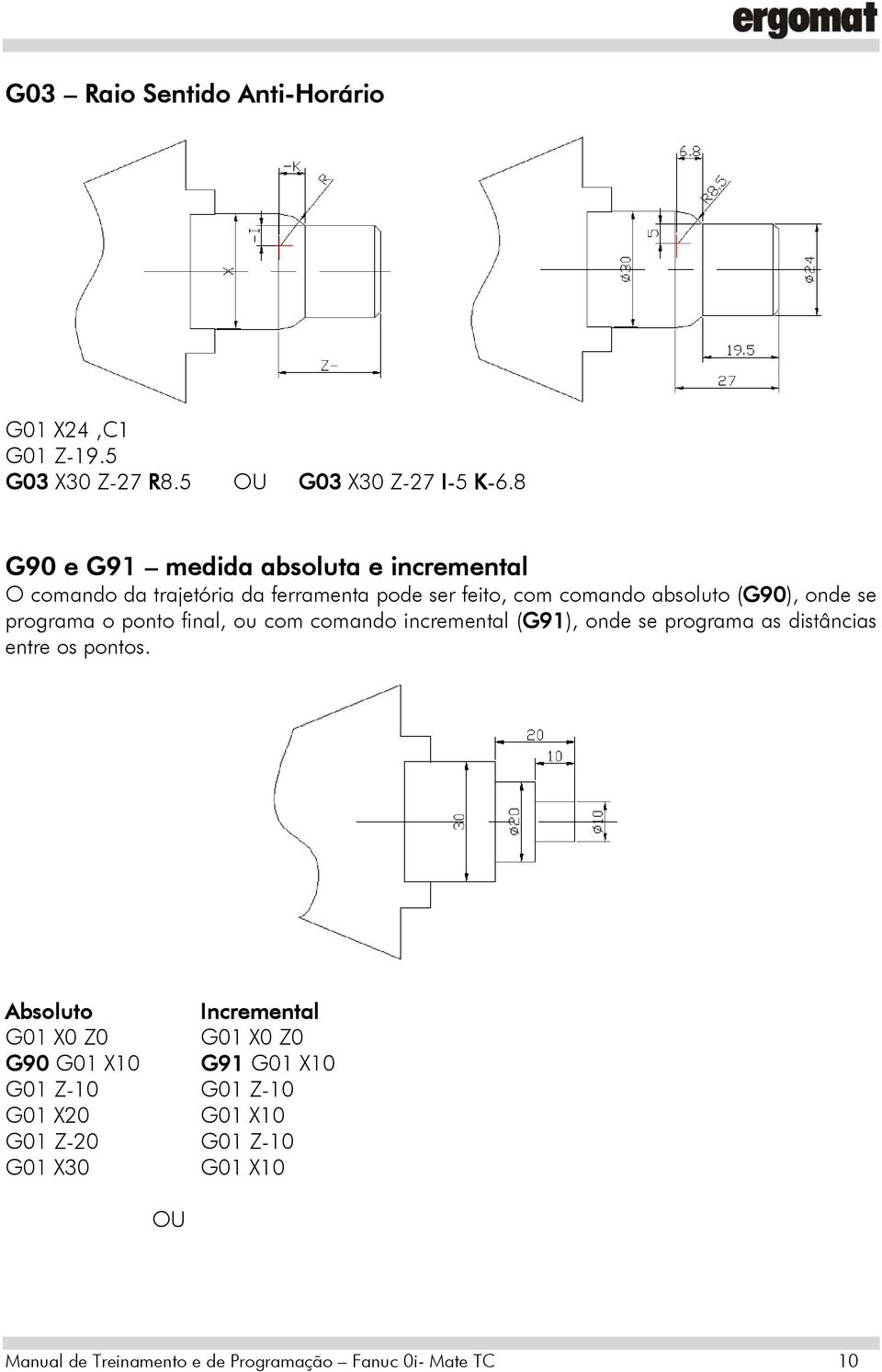 programa o ponto final, ou com comando incremental (G91), onde se programa as distâncias entre os pontos.