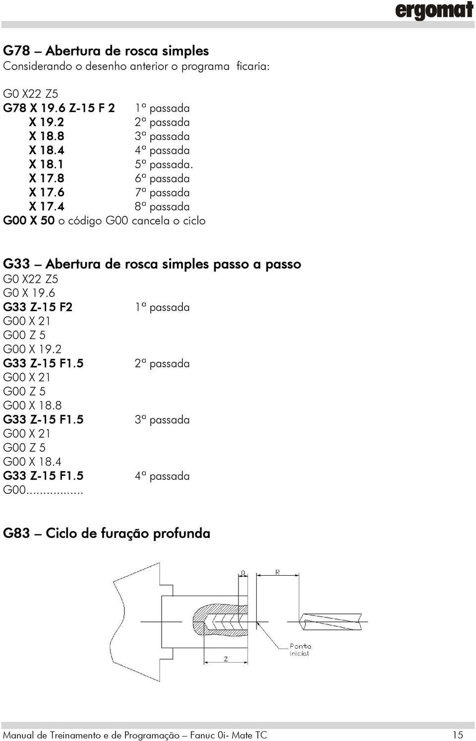 4 8ª passada G00 X 50 o código G00 cancela o ciclo G33 Abertura de rosca simples passo a passo G0 X22 Z5 G0 X 19.