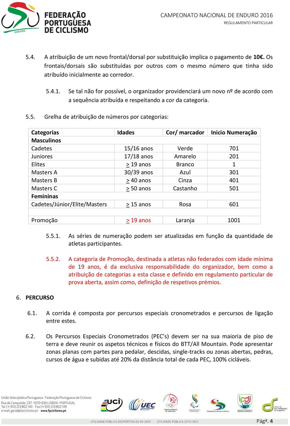 Se tal não for possível, o organizador providenciará um novo nº de acordo com a sequência atribuída e respeitando a cor da categoria. 5.