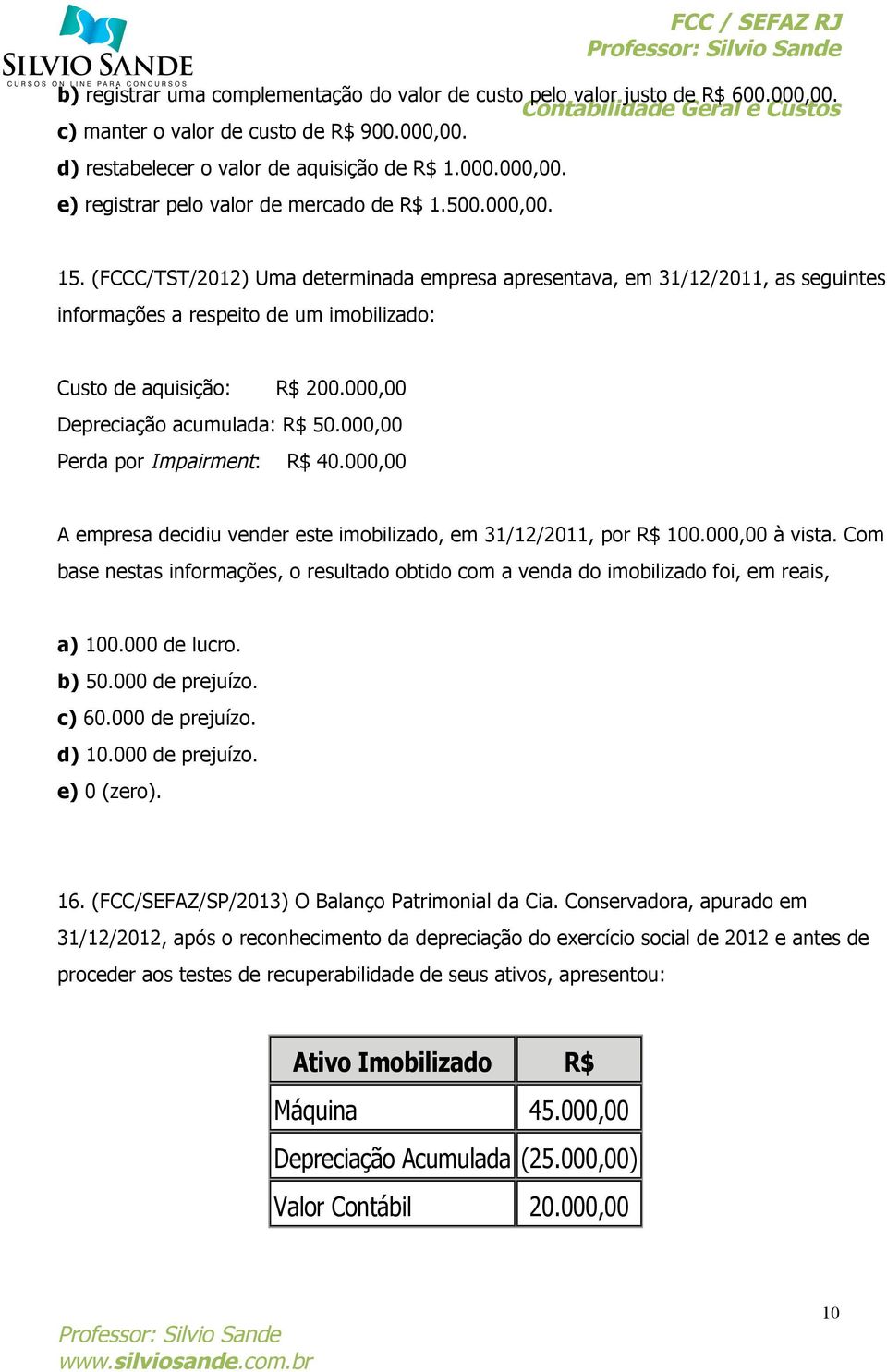 000,00 Depreciação acumulada: R$ 50.000,00 Perda por Impairment: R$ 40.000,00 A empresa decidiu vender este imobilizado, em 31/12/2011, por R$ 100.000,00 à vista.