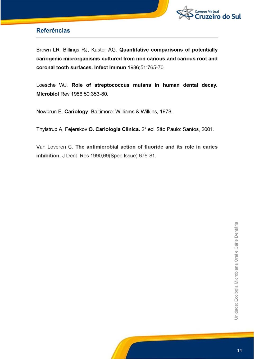 Infect Immun 1986;51:765-70. Loesche WJ. Role of streptococcus mutans in human dental decay. Microbiol Rev 1986;50:353-80. Newbrun E.