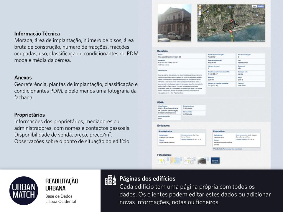 Proprietários Informações dos proprietários, mediadores ou administradores, com nomes e contactos pessoais. Disponibilidade de venda, preço, preço/m².