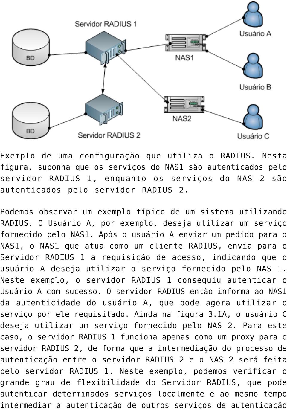 Podemos observar um exemplo típico de um sistema utilizando RADIUS. O Usuário A, por exemplo, deseja utilizar um serviço fornecido pelo NAS1.