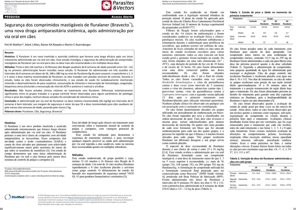 em cães Feli M Walther*, Mark J Allan, Rainer KA Roepke e Martin C Nuernberger Resumo Histórico: O fluralaner é um novo inseticida e acaricida sistêmico que fornece uma longa eficácia após um único