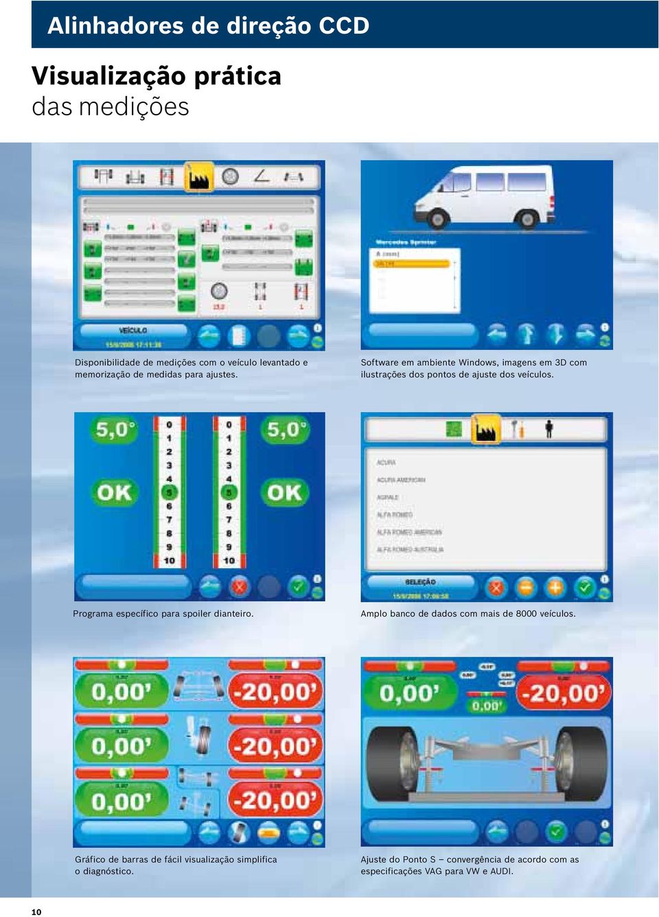 Software em ambiente Windows, imagens em 3D com ilustrações dos pontos de ajuste dos veículos.