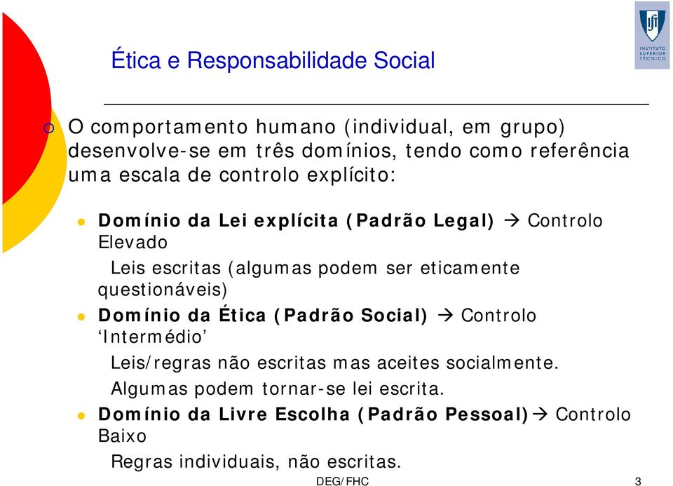 questionáveis) Domínio da Ética (Padrão Social) Controlo Intermédio Leis/regras não escritas mas aceites socialmente.