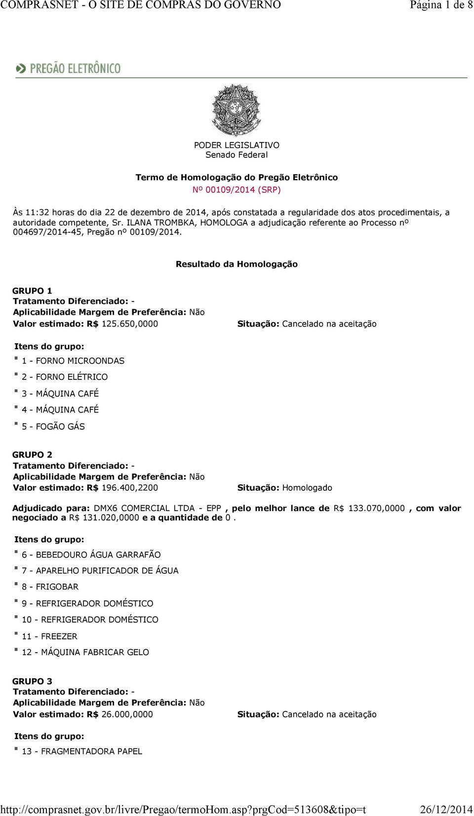 Resultado da Homologação GRUPO 1 Valor estimado: R$ 125.650,0000 Situação: Itens do grupo: 1 FORNO MICROONDAS 2 FORNO ELÉTRICO 3 MÁQUINA CAFÉ 4 MÁQUINA CAFÉ 5 FOGÃO GÁS GRUPO 2 Valor estimado: R$ 196.