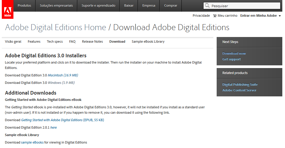 A aplicação pode ser descarregada em: http://www.adobe.com/pt/products/digital-editions.