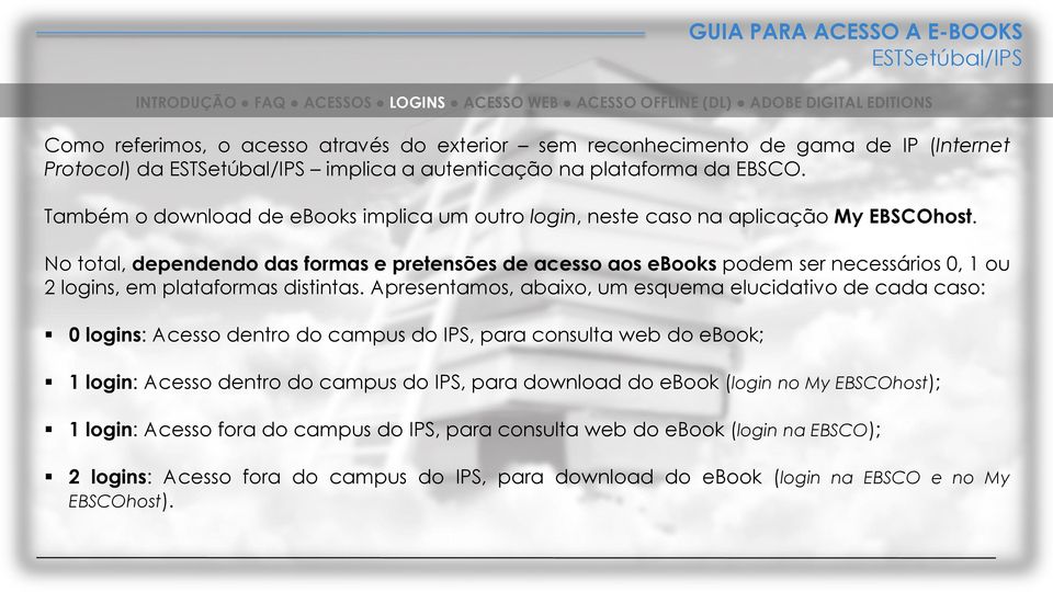 No total, dependendo das formas e pretensões de acesso aos ebooks podem ser necessários 0, 1 ou 2 logins, em plataformas distintas.