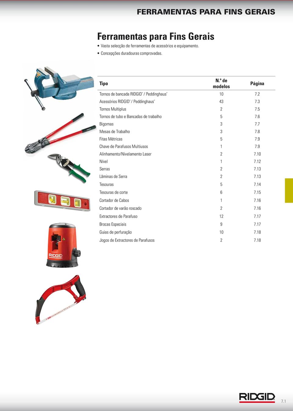 6 Bigornas 3 7.7 Mesas de Trabalho 3 7.8 Fitas Métricas 5 7.9 Chave de Parafusos Multiusos 1 7.9 Alinhamento/Nivelamento Laser 2 7.10 Nível 1 7.12 Serras 2 7.