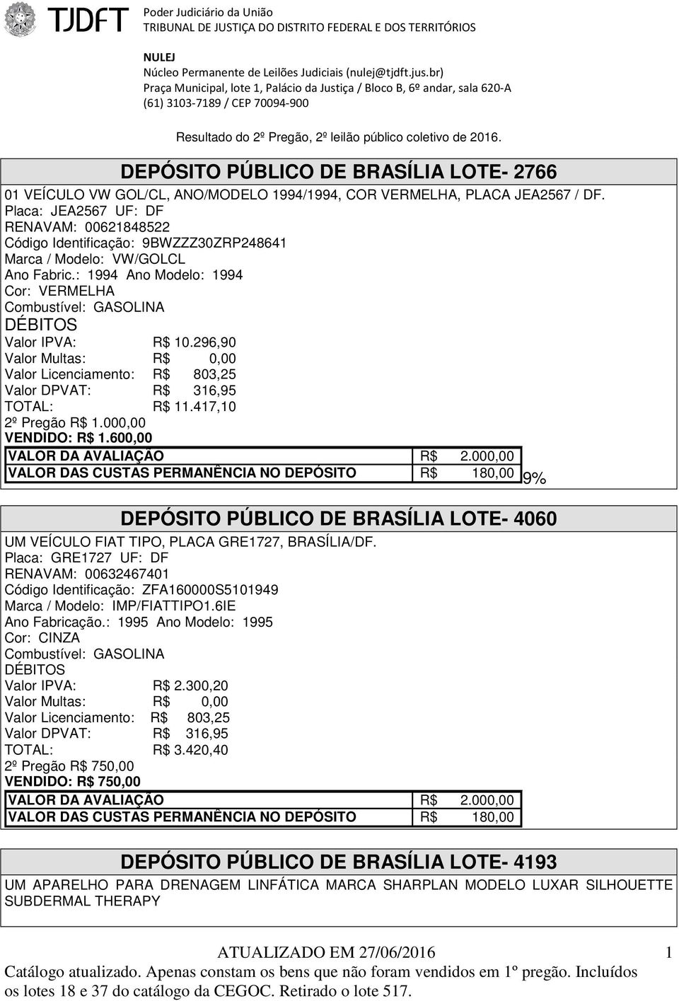 DEPÓSITO PÚBLICO DE BRASÍLIA LOTE- 2766 01 VEÍCULO VW GOL/CL, ANO/MODELO 1994/1994, COR VERMELHA, PLACA JEA2567 / DF.