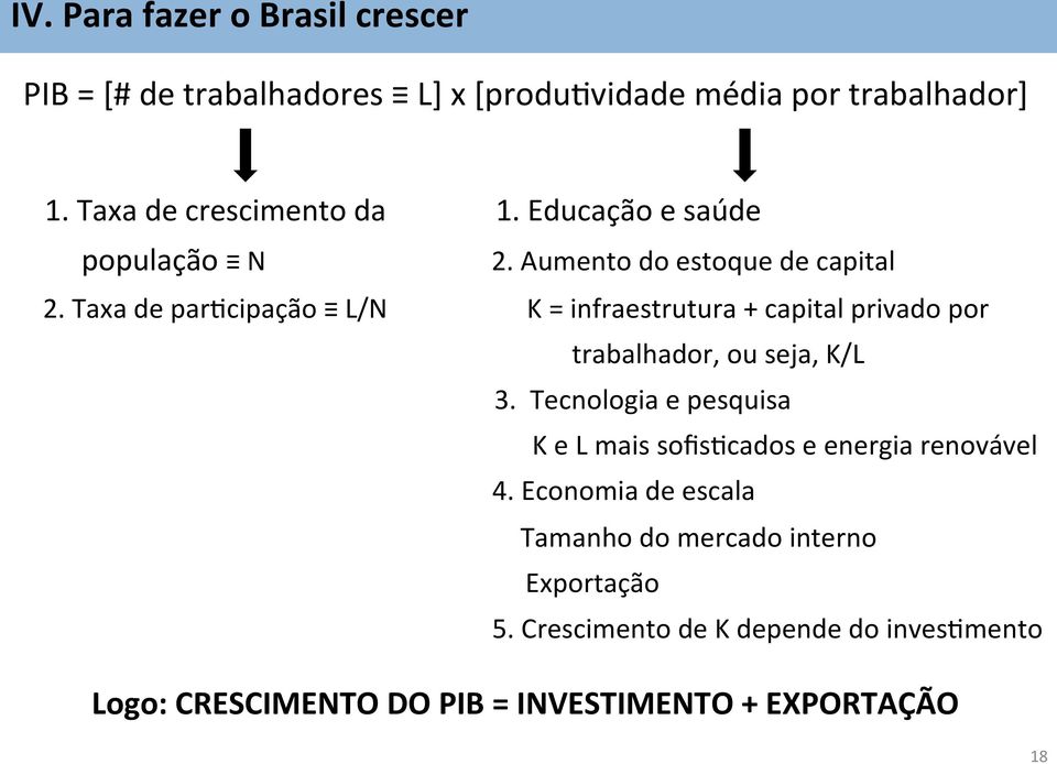 Taxa de paricipação L/N K = infraestrutura + capital privado por trabalhador, ou seja, K/L 3.