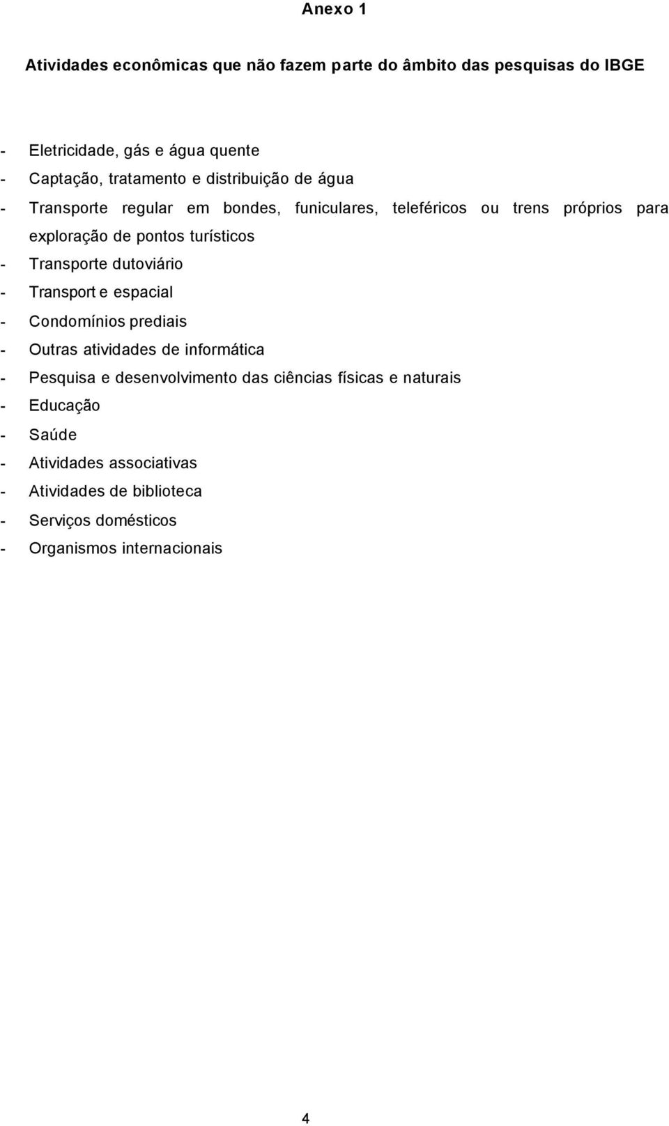 Transporte dutoviário - Transport e espacial - Condomínios prediais - Outras atividades de informática - Pesquisa e desenvolvimento das