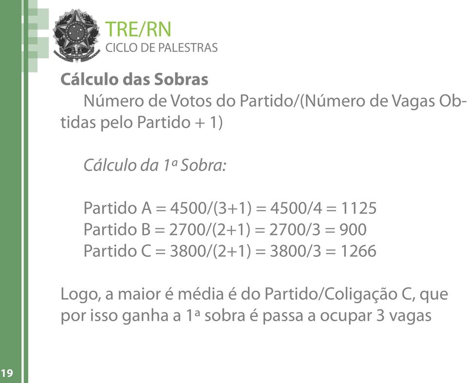 = 2700/(2+1) = 2700/3 = 900 Partido C = 3800/(2+1) = 3800/3 = 1266 Logo, a maior é