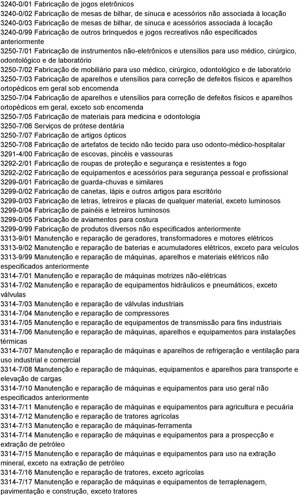 odontológico e de laboratório 3250-7/02 Fabricação de mobiliário para uso médico, cirúrgico, odontológico e de laboratório 3250-7/03 Fabricação de aparelhos e utensílios para correção de defeitos