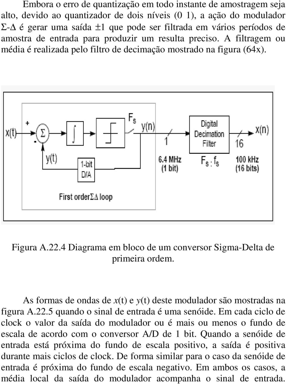 4 Diagrama em bloco de um conversor Sigma-Delta de primeira ordem. As formas de ondas de x(t) e y(t) deste modulador são mostradas na figura A.22.5 quando o sinal de entrada é uma senóide.