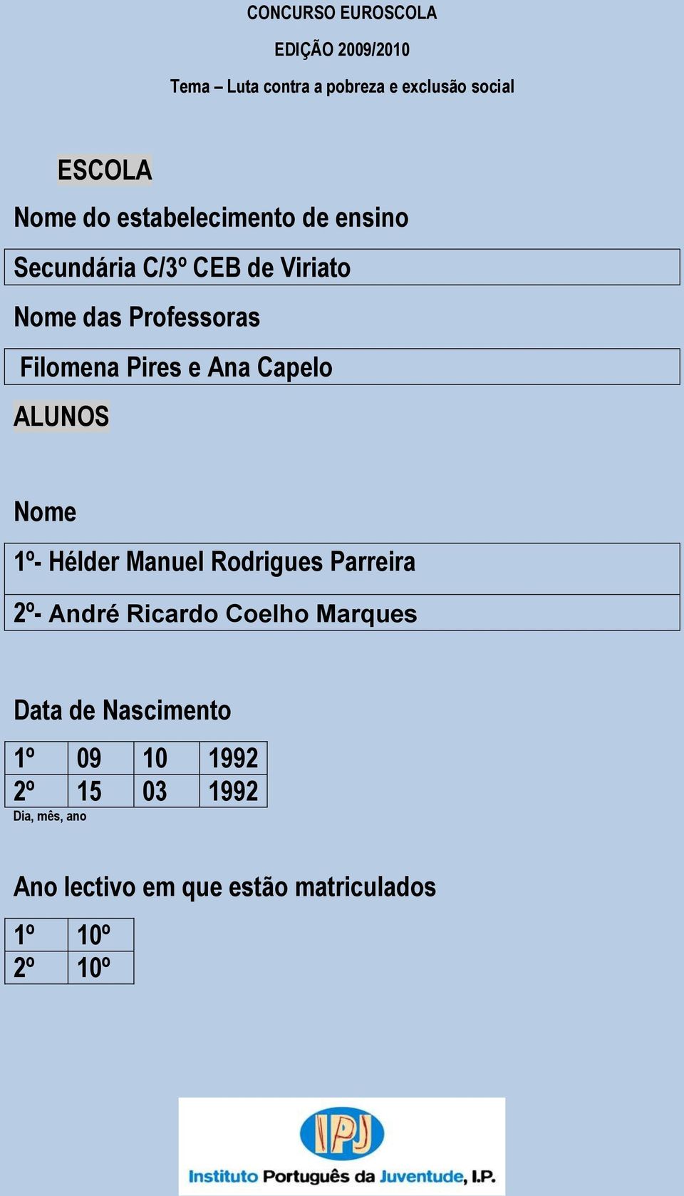 Rodrigues Parreira 2º- André Ricardo Coelho Marques Data de Nascimento 1º 09