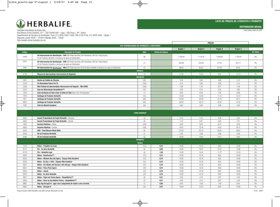 Baunilha, SW Fiber&Herb, SW Chá 100g Original, CD de Produtos Herbalife e Literaturas de apoio ao ) (6) 1.200,00 1.118,18 1.058,06 1.