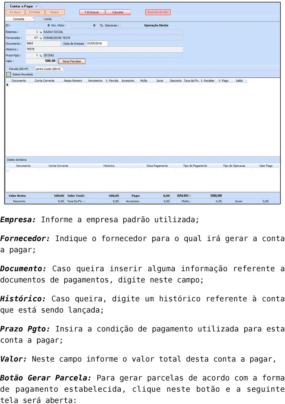 sendo lançada; Prazo Pgto: Insira a condição de pagamento utilizada para esta conta a pagar; Valor: Neste campo informe o valor total desta conta a