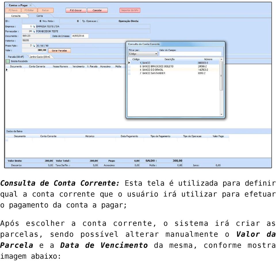 a conta corrente, o sistema irá criar as parcelas, sendo possível alterar