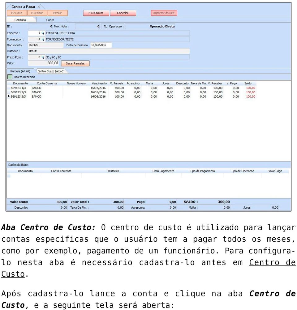 Para configuralo nesta aba é necessário cadastra-lo antes em Centro de Custo.