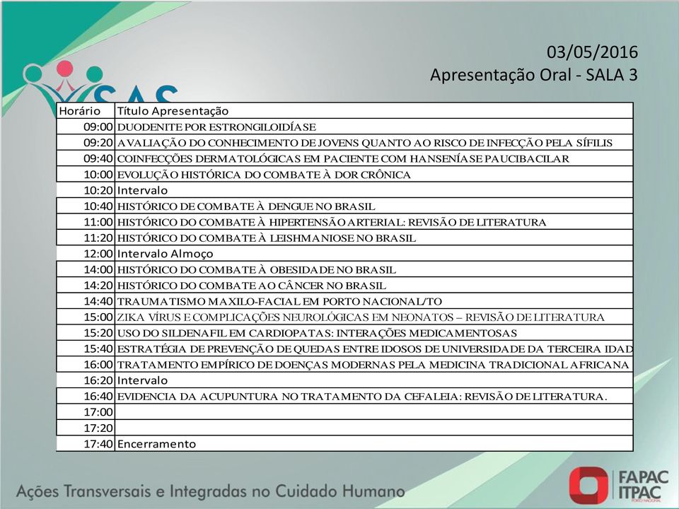 REVISÃO DE LITERATURA 11:20 HISTÓRICO DO COMBATE À LEISHMANIOSE NO BRASIL 12:00 Intervalo Almoço 14:00 HISTÓRICO DO COMBATE À OBESIDADE NO BRASIL 14:20 HISTÓRICO DO COMBATE AO CÂNCER NO BRASIL 14:40