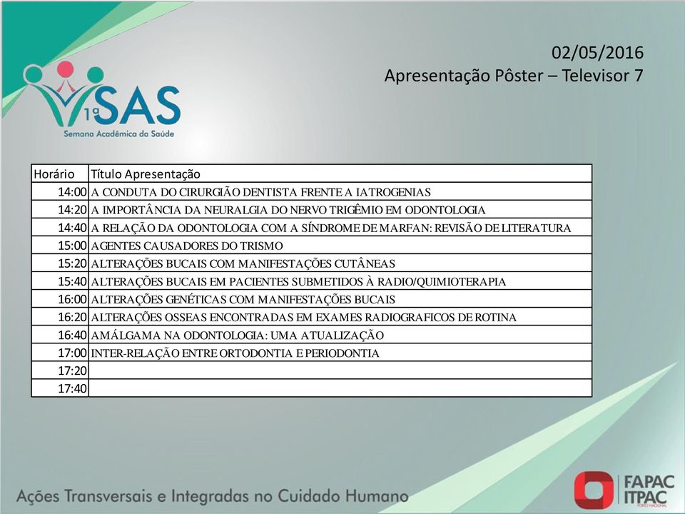 MANIFESTAÇÕES CUTÂNEAS 15:40 ALTERAÇÕES BUCAIS EM PACIENTES SUBMETIDOS À RADIO/QUIMIOTERAPIA 16:00 ALTERAÇÕES GENÉTICAS COM MANIFESTAÇÕES BUCAIS 16:20