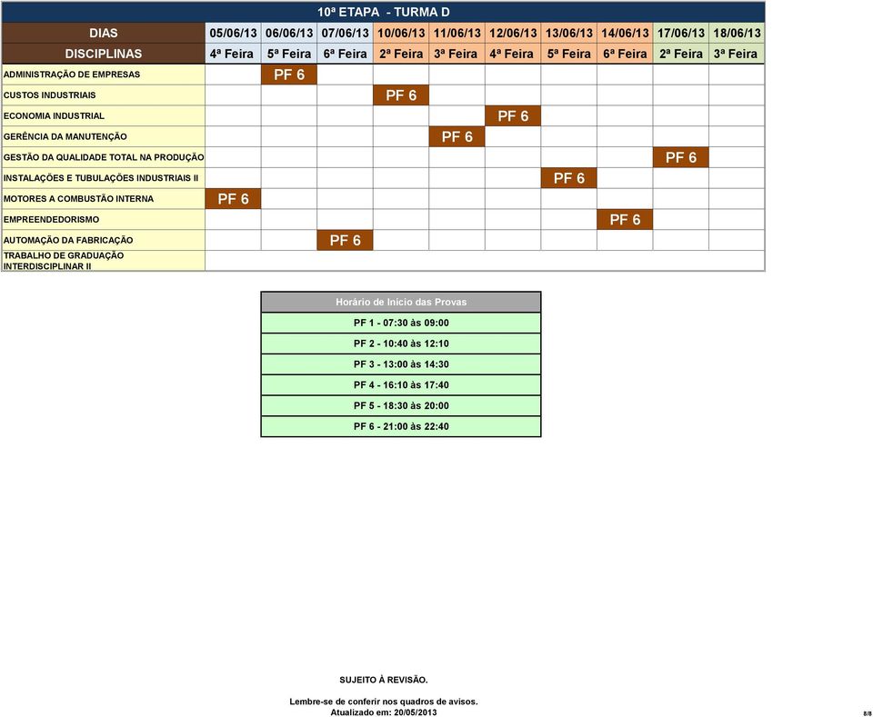 AUTOMAÇÃO DA FABRICAÇÃO PF 6 TRABALHO DE GRADUAÇÃO INTERDISCIPLINAR II 10ª ETAPA - TURMA D Horário de Início das Provas PF