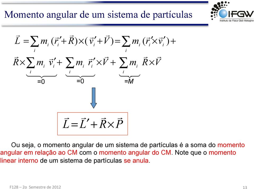 Note que o momento lnear nterno de um sstema de partículas se anula.