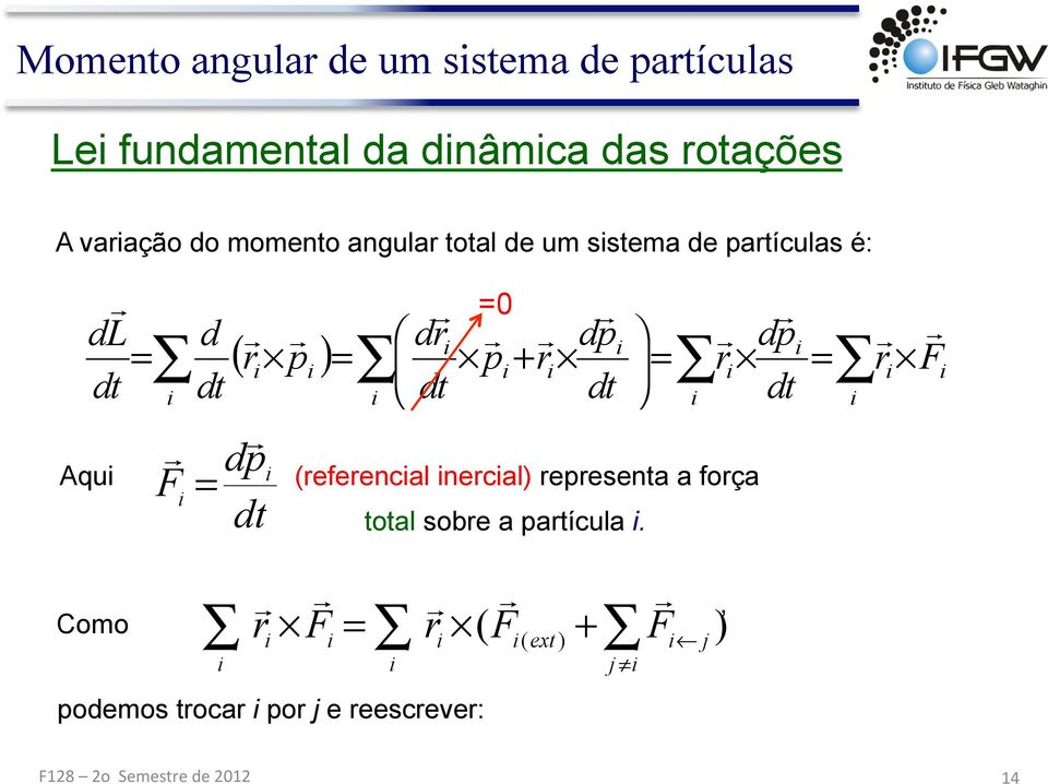 p p r r r F Aqu F dp (referencal nercal) representa a força, r F r F + F ) Como ( ext