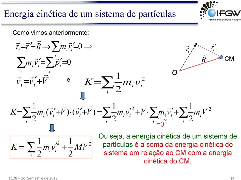 R 1 mv r CM Ou seja, a energa cnétca de um sstema de partículas é a soma da energa