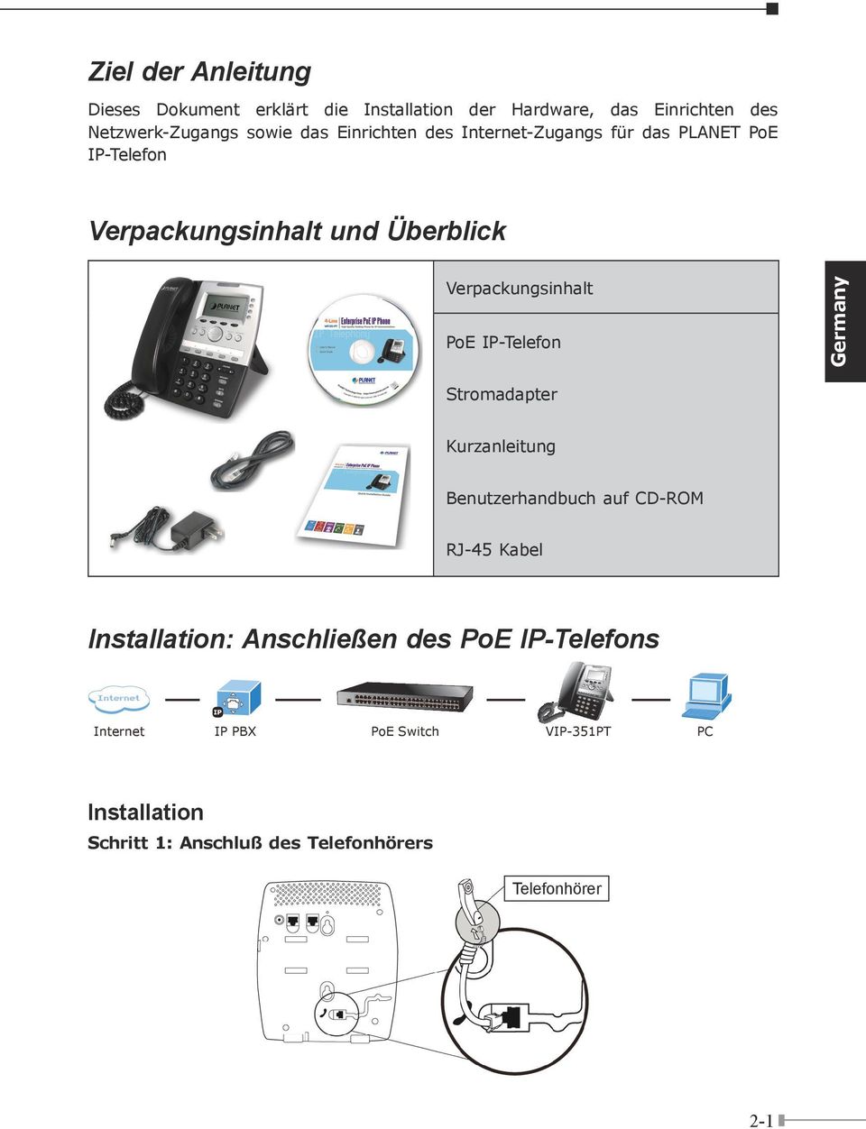 IP-Telefon Germany Stromadapter Kurzanleitung Benutzerhandbuch auf CD-ROM RJ-45 Kabel Installation: Anschließen des PoE