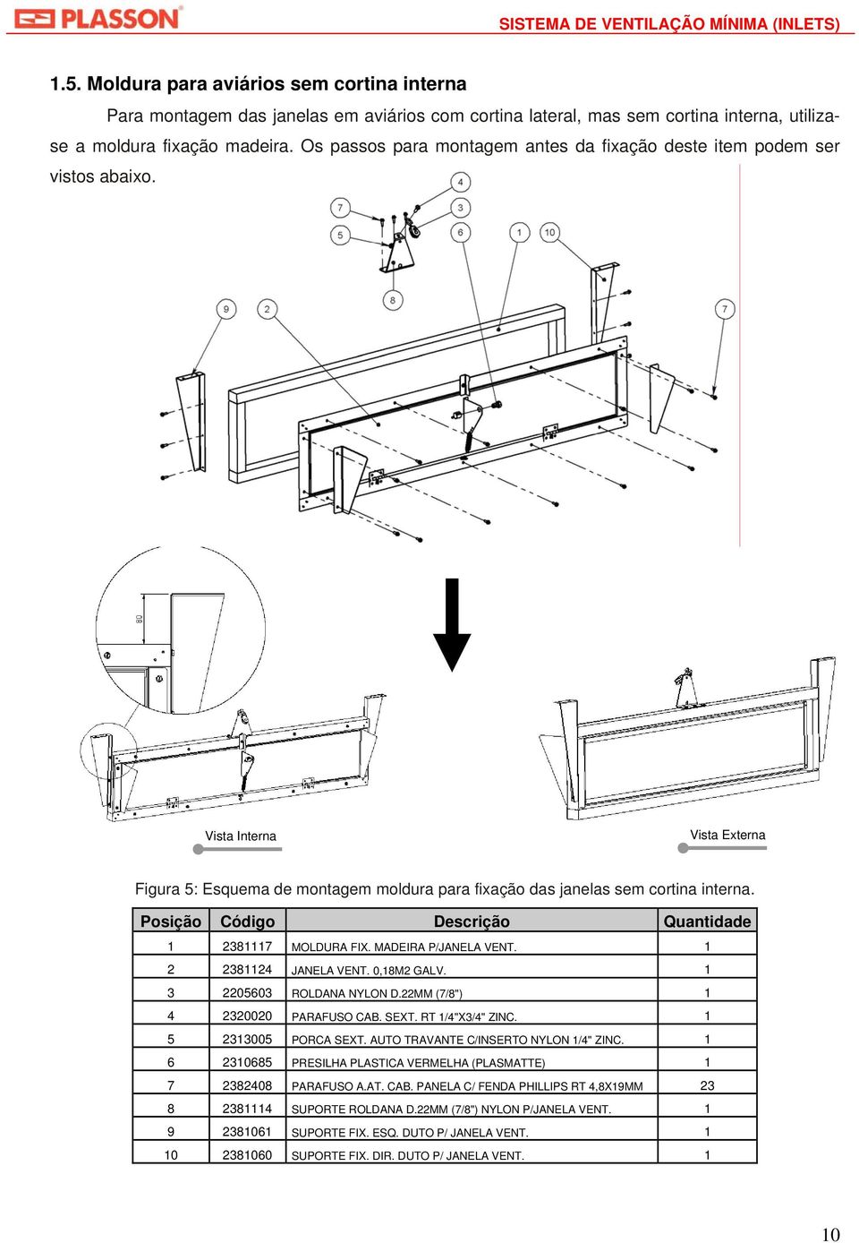 Posição Código Descrição Quantidade 1 2381117 MOLDURA FIX. MADEIRA P/JANELA VENT. 1 2 2381124 JANELA VENT. 0,18M2 GALV. 1 3 2205603 ROLDANA NYLON D.22MM (7/8") 1 4 2320020 PARAFUSO CAB. SEXT.