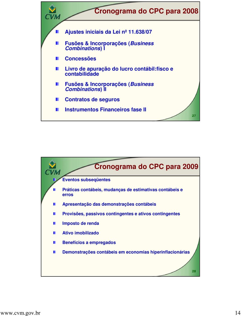 Combinations) II Contratos de seguros Instrumentos Financeiros fase II 27 Eventos subseqüentes Práticas contábeis, mudanças de estimativas contábeis e erros