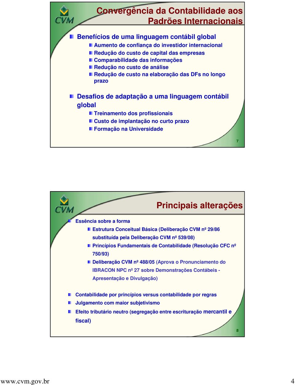 Custo de implantação no curto prazo Formação na Universidade 7 Essência sobre a forma Estrutura Conceitual Básica (Deliberação CVM nº 29/86 substituída pela Deliberação CVM nº 539/08) Princípios