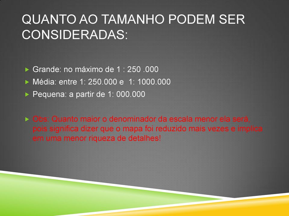 000 Obs: Quanto maior o denominador da escala menor ela será, pois