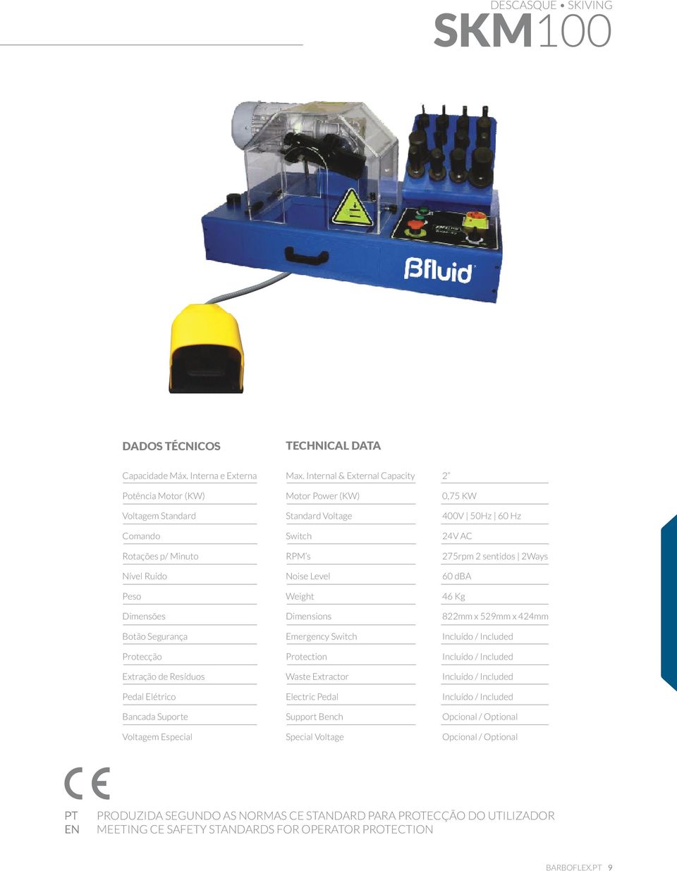 RPM s 275rpm 2 sentidos 2Ways Nível Ruído Noise Level 60 dba Peso Weight 46 Kg Dimensões Dimensions 822mm x 529mm x 424mm Botão Segurança Emergency Switch Incluído /