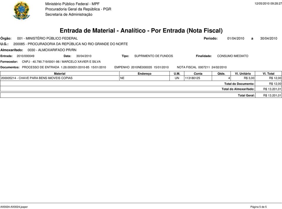 000051/2010-85 15/01/2010 EMPENHO 2010NE000035 15/01/2010 NOTA FISCAL 0007211 24/02/2010 200005214 - CHAVE PARA