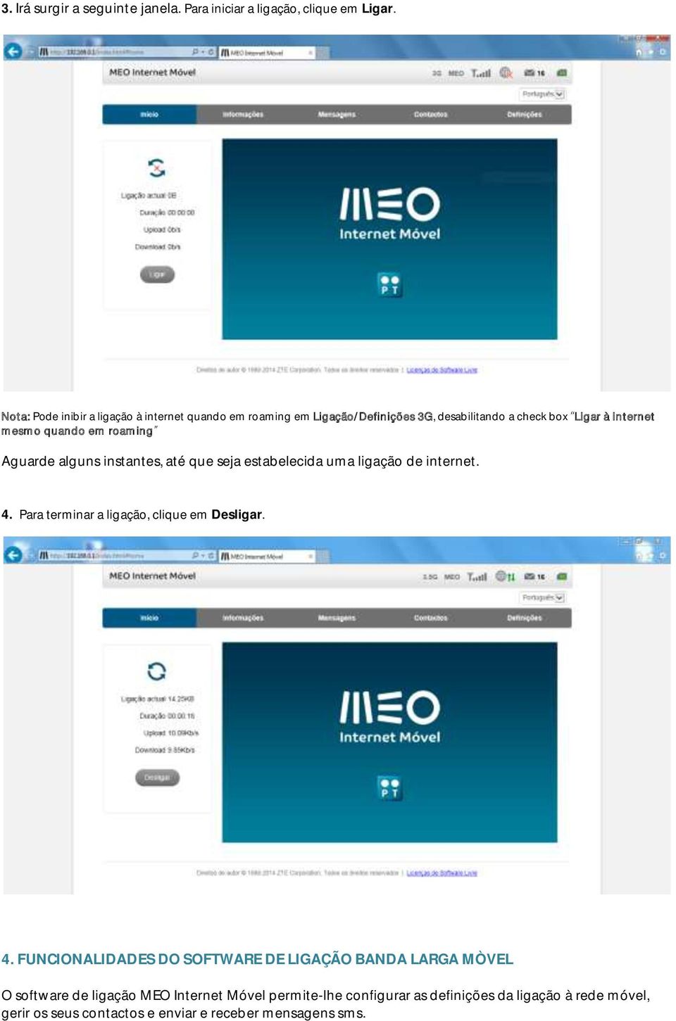 roaming Aguarde alguns instantes, até que seja estabelecida uma ligação de internet. 4.
