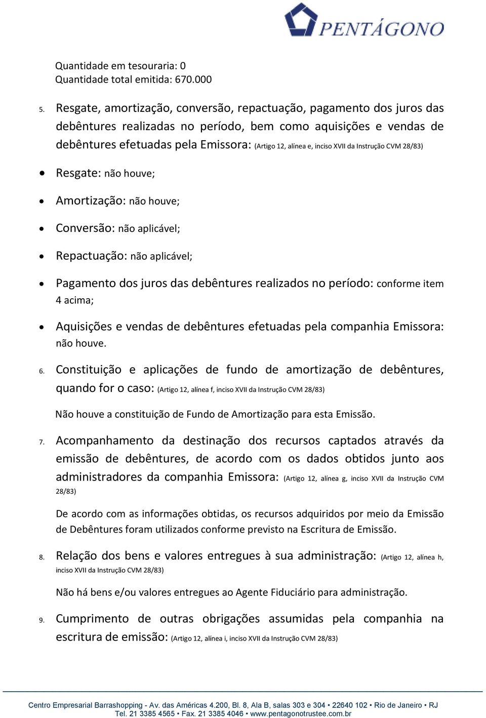 inciso XVII da Instrução CVM 28/83) Resgate: não houve; Amortização: não houve; Conversão: não aplicável; Repactuação: não aplicável; Pagamento dos juros das debêntures realizados no período: